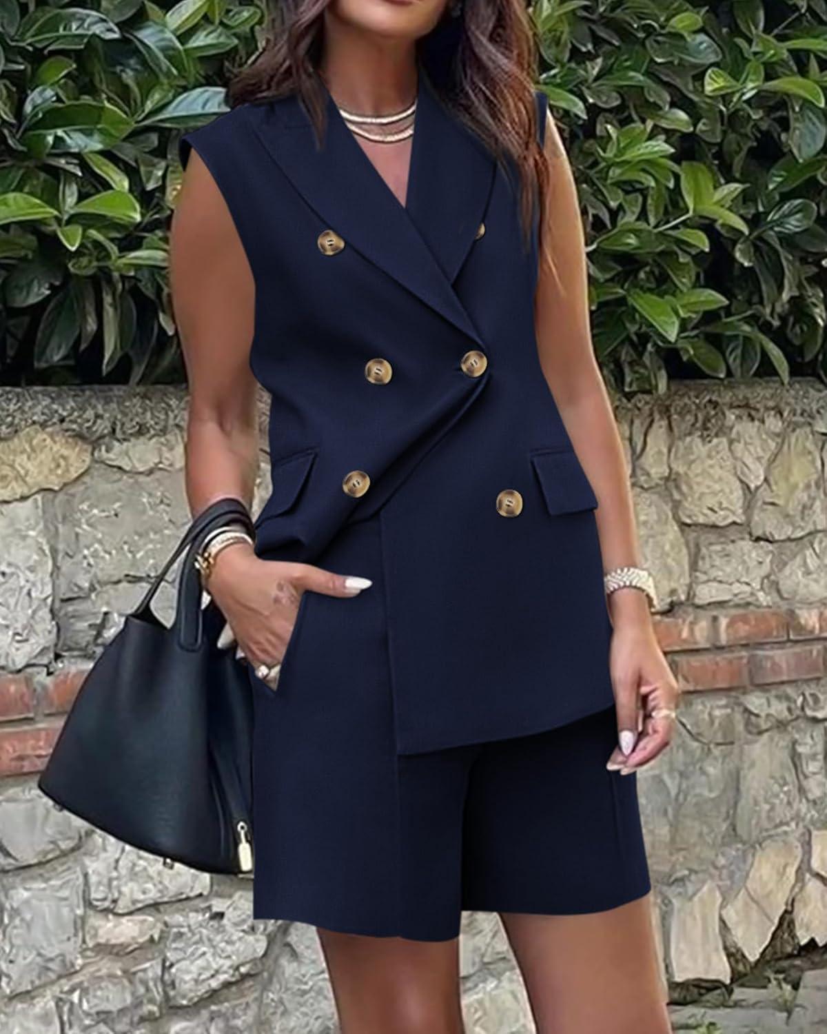 imageBTFBM Two Piece Sets For Women Spring 2026 Pockets Button Down Sleeveless Vest And Shorts Work Business Casual OutfitsNavy