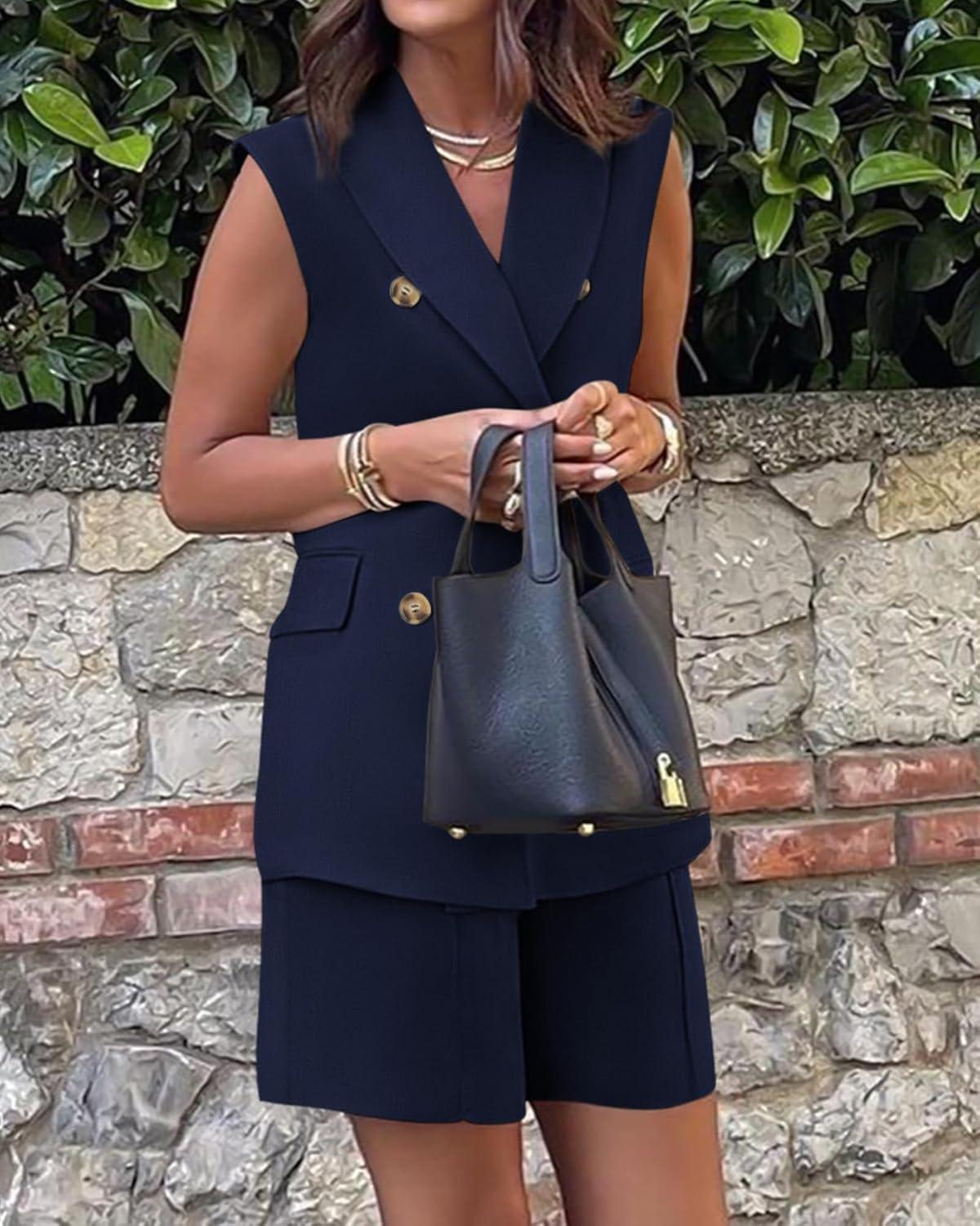 imageBTFBM Two Piece Sets For Women Spring 2026 Pockets Button Down Sleeveless Vest And Shorts Work Business Casual OutfitsNavy