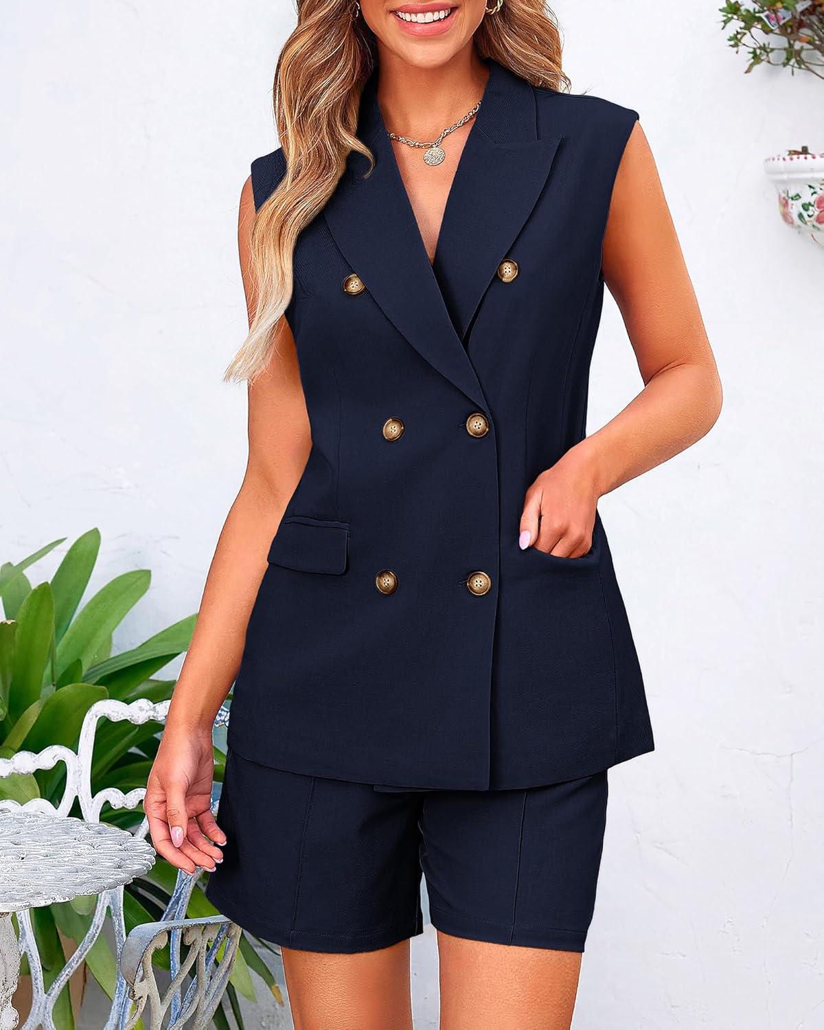 imageBTFBM Two Piece Sets For Women Spring 2026 Pockets Button Down Sleeveless Vest And Shorts Work Business Casual OutfitsNavy