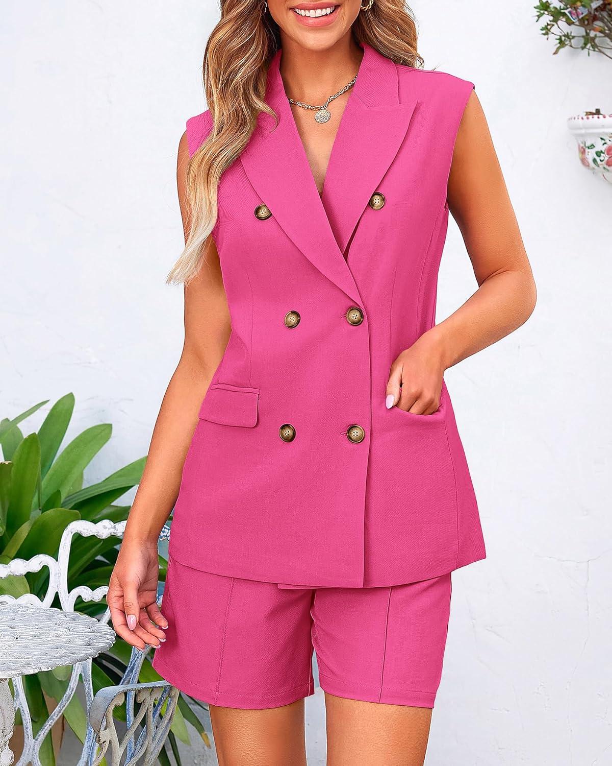 imageBTFBM Two Piece Sets For Women Spring 2026 Pockets Button Down Sleeveless Vest And Shorts Work Business Casual OutfitsRose Red