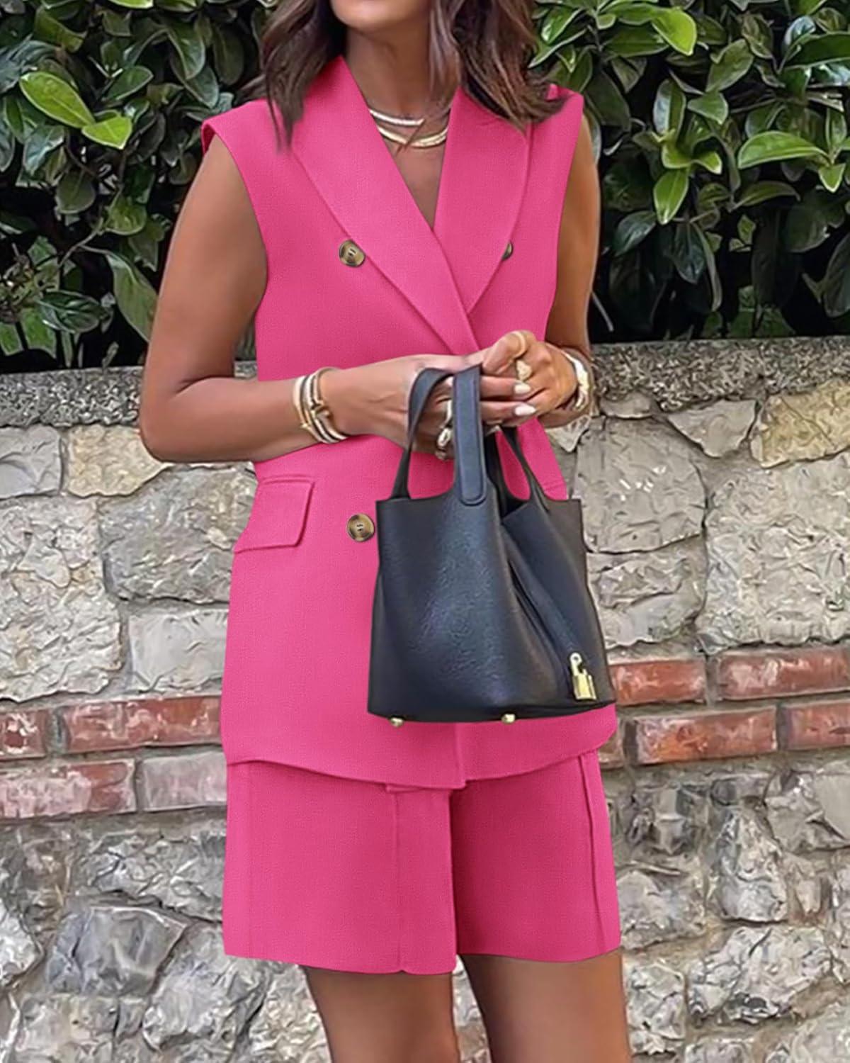 imageBTFBM Two Piece Sets For Women Spring 2026 Pockets Button Down Sleeveless Vest And Shorts Work Business Casual OutfitsRose Red