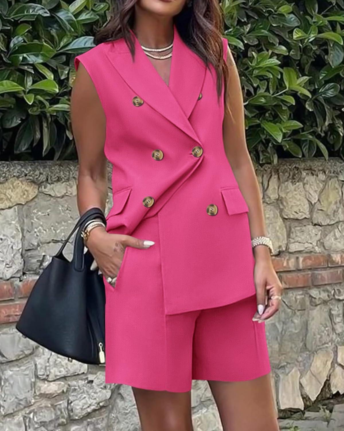 imageBTFBM Two Piece Sets For Women Spring 2026 Pockets Button Down Sleeveless Vest And Shorts Work Business Casual OutfitsRose Red