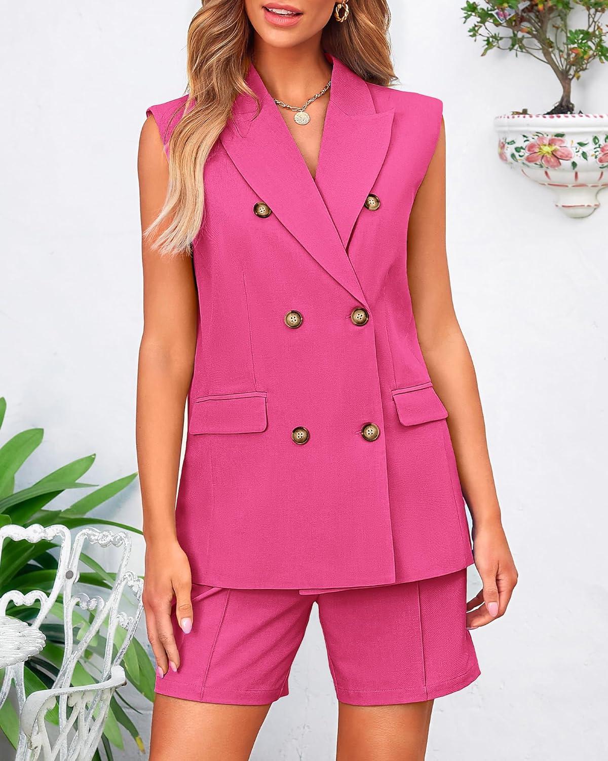 imageBTFBM Two Piece Sets For Women Spring 2026 Pockets Button Down Sleeveless Vest And Shorts Work Business Casual OutfitsRose Red