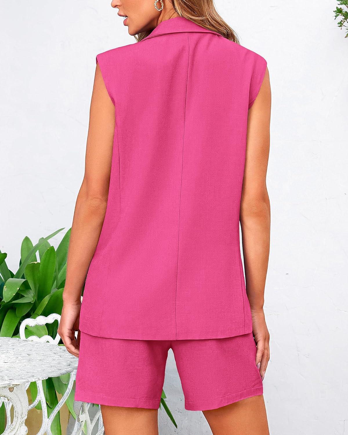 imageBTFBM Two Piece Sets For Women Spring 2026 Pockets Button Down Sleeveless Vest And Shorts Work Business Casual OutfitsRose Red