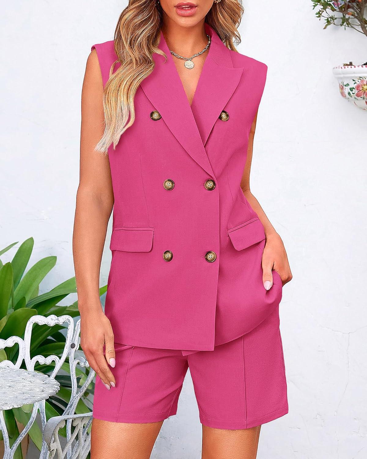 imageBTFBM Two Piece Sets For Women Spring 2026 Pockets Button Down Sleeveless Vest And Shorts Work Business Casual OutfitsRose Red