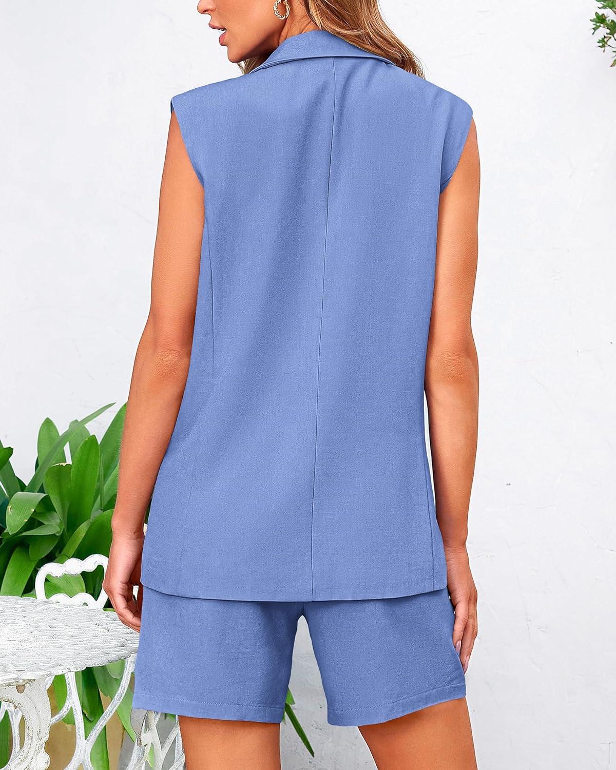 imageBTFBM Two Piece Sets For Women Spring 2026 Pockets Button Down Sleeveless Vest And Shorts Work Business Casual OutfitsSky Blue