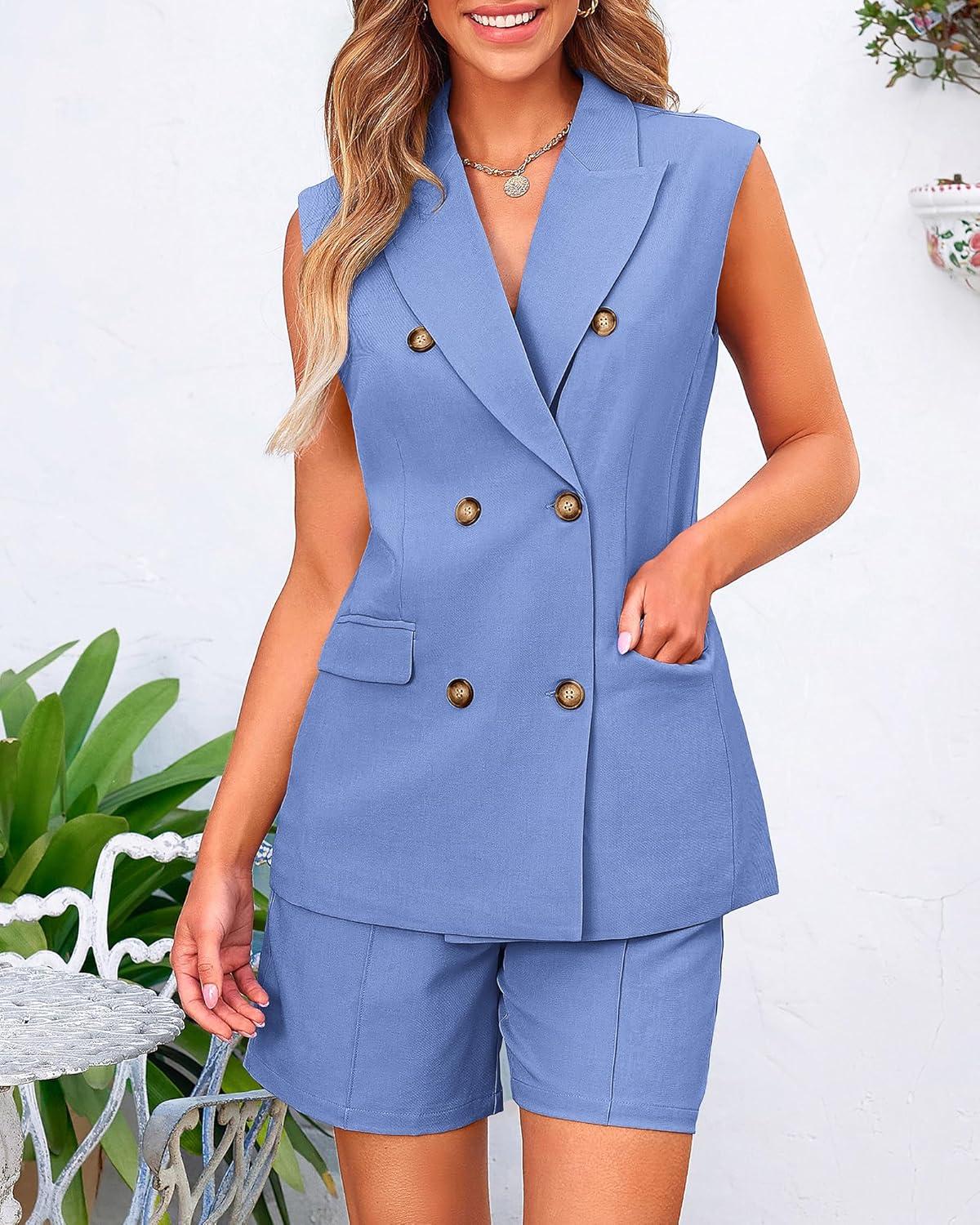 imageBTFBM Two Piece Sets For Women Spring 2026 Pockets Button Down Sleeveless Vest And Shorts Work Business Casual OutfitsSky Blue