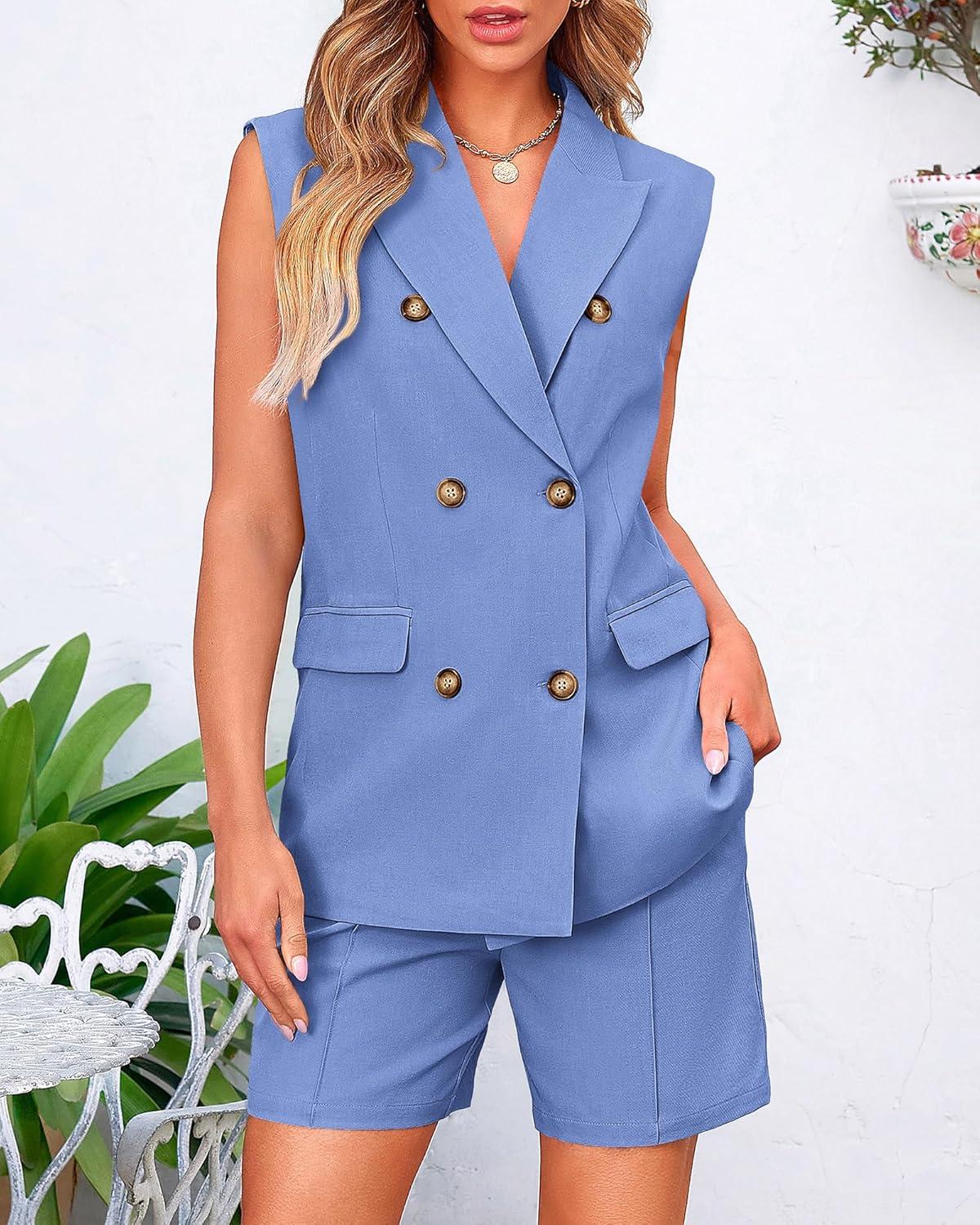 imageBTFBM Two Piece Sets For Women Spring 2026 Pockets Button Down Sleeveless Vest And Shorts Work Business Casual OutfitsSky Blue