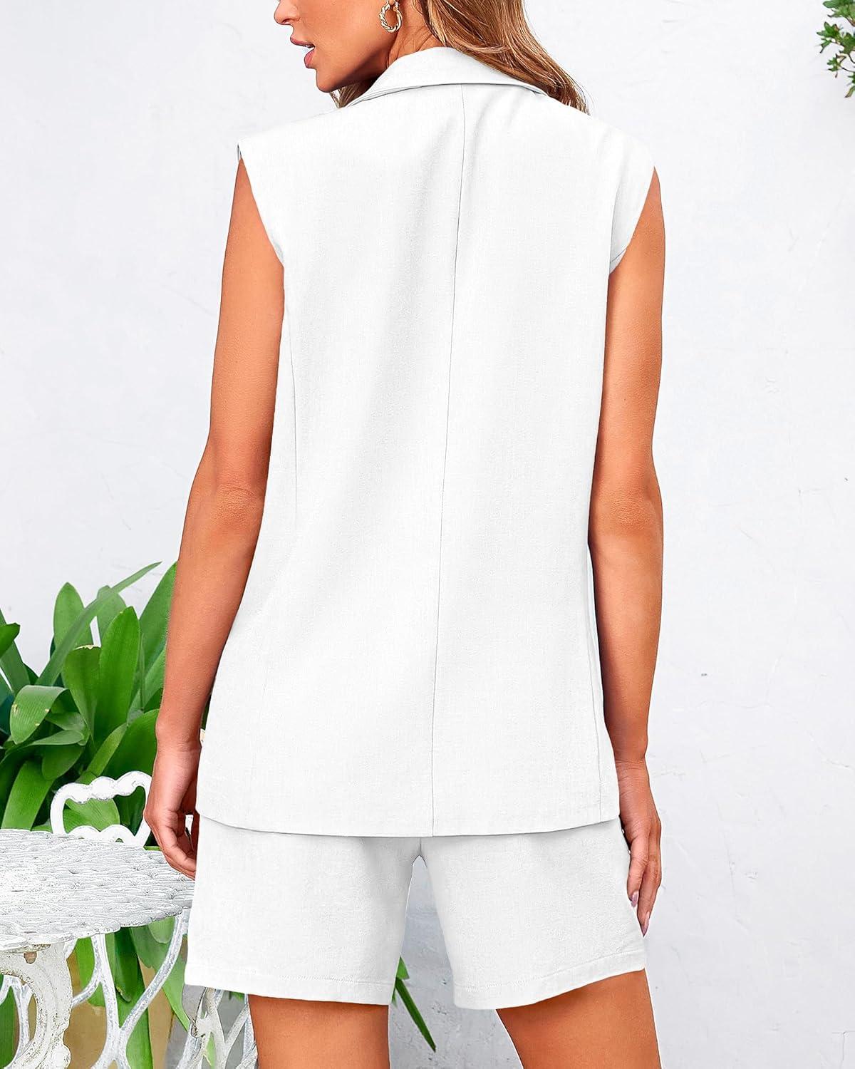 imageBTFBM Two Piece Sets For Women Spring 2026 Pockets Button Down Sleeveless Vest And Shorts Work Business Casual OutfitsWhite