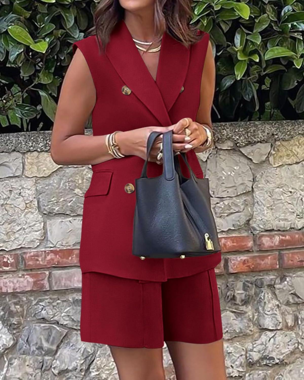 imageBTFBM Two Piece Sets For Women Spring 2026 Pockets Button Down Sleeveless Vest And Shorts Work Business Casual OutfitsWine Red