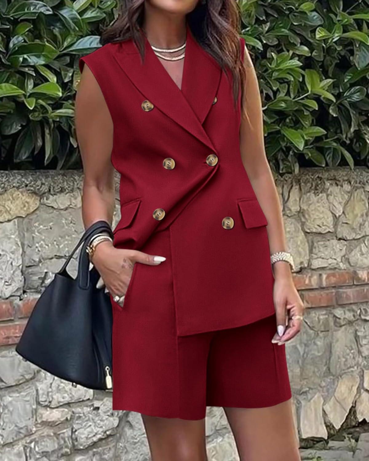 imageBTFBM Two Piece Sets For Women Spring 2026 Pockets Button Down Sleeveless Vest And Shorts Work Business Casual OutfitsWine Red