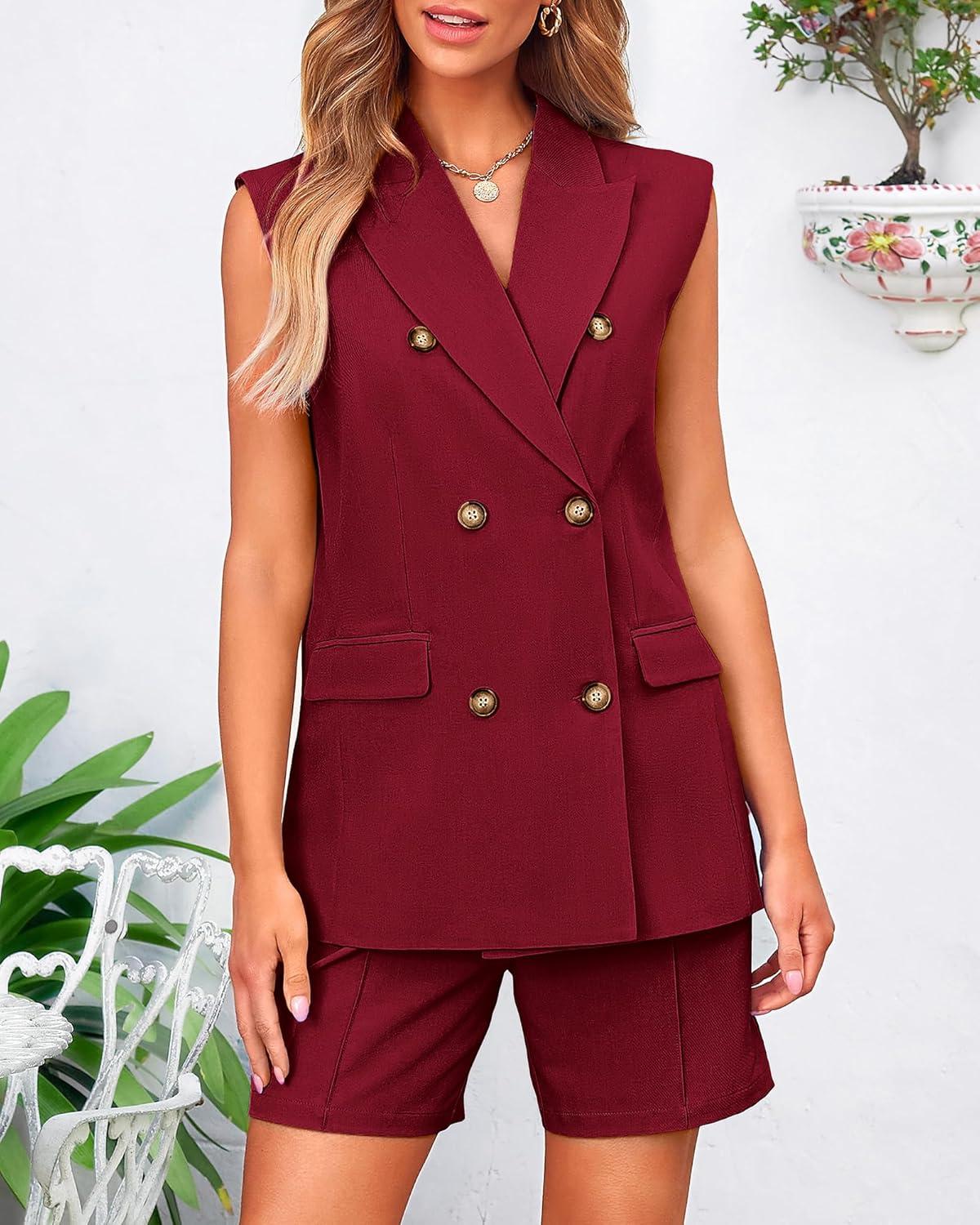 imageBTFBM Two Piece Sets For Women Spring 2026 Pockets Button Down Sleeveless Vest And Shorts Work Business Casual OutfitsWine Red