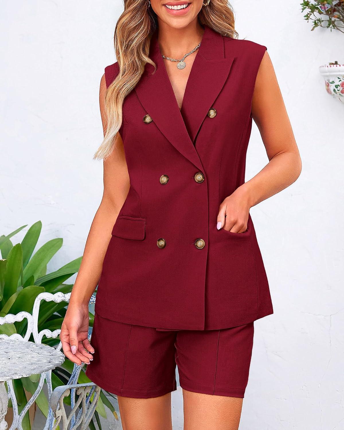 imageBTFBM Two Piece Sets For Women Spring 2026 Pockets Button Down Sleeveless Vest And Shorts Work Business Casual OutfitsWine Red