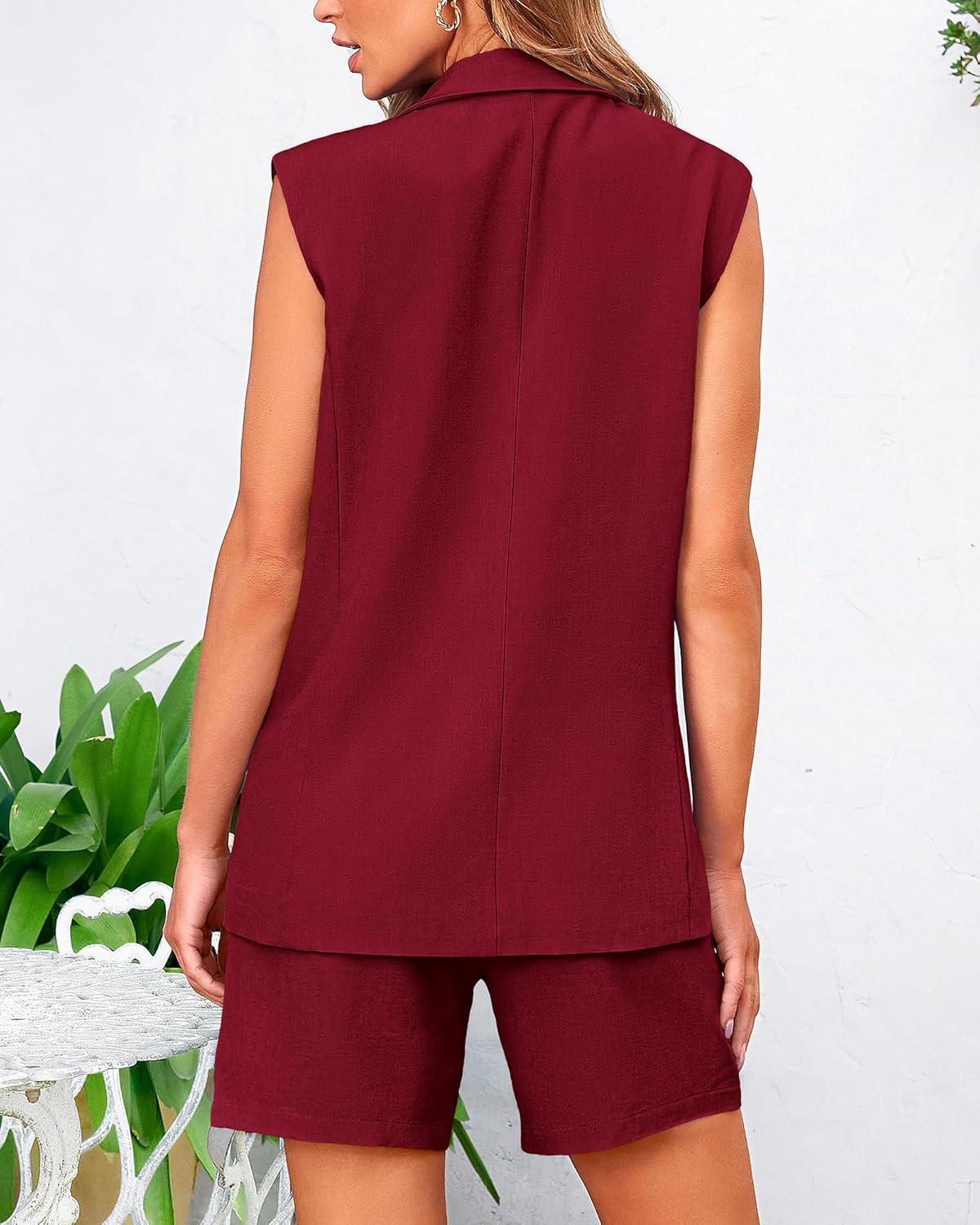imageBTFBM Two Piece Sets For Women Spring 2026 Pockets Button Down Sleeveless Vest And Shorts Work Business Casual OutfitsWine Red