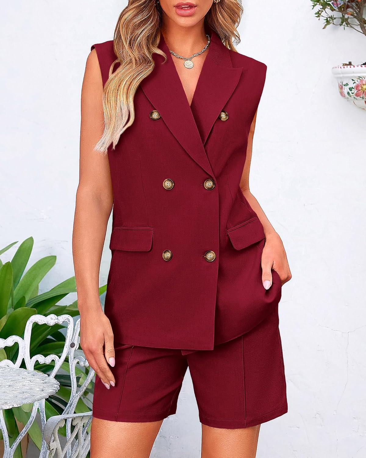 imageBTFBM Two Piece Sets For Women Spring 2026 Pockets Button Down Sleeveless Vest And Shorts Work Business Casual OutfitsWine Red