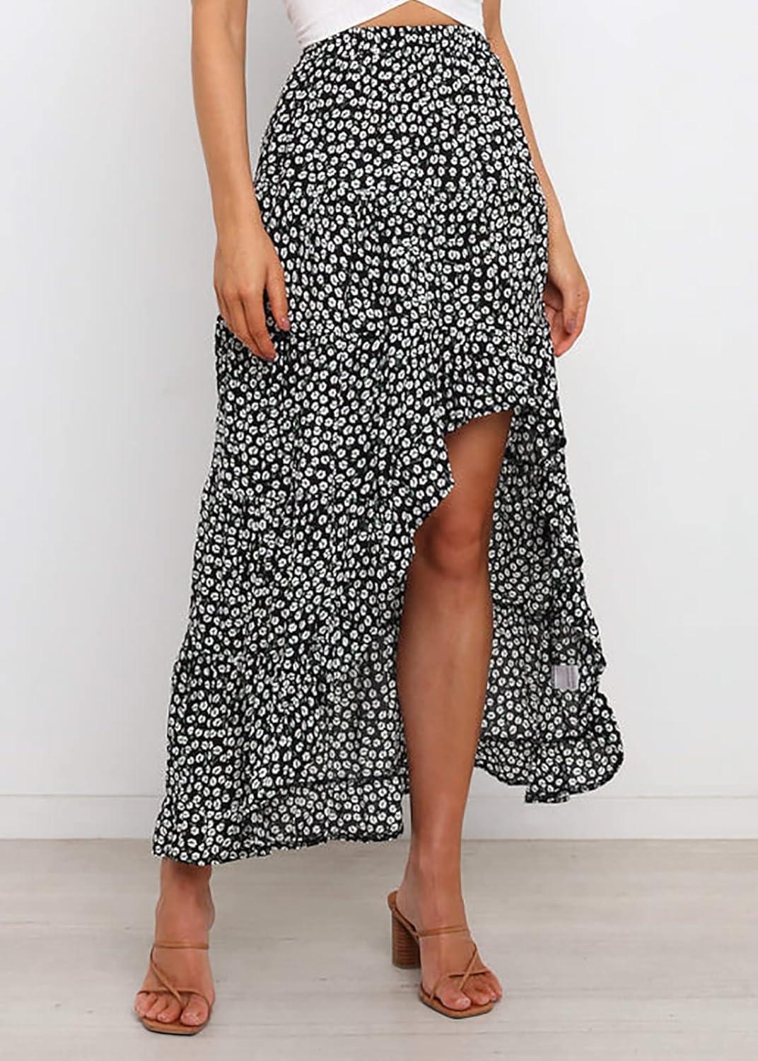 imageBTFBM Women 2026 Spring Summer Long Skirts Dress Boho Floral Elastic Waist Split Ruffle High Low Beach Maxi Skirt ClothesBlack White