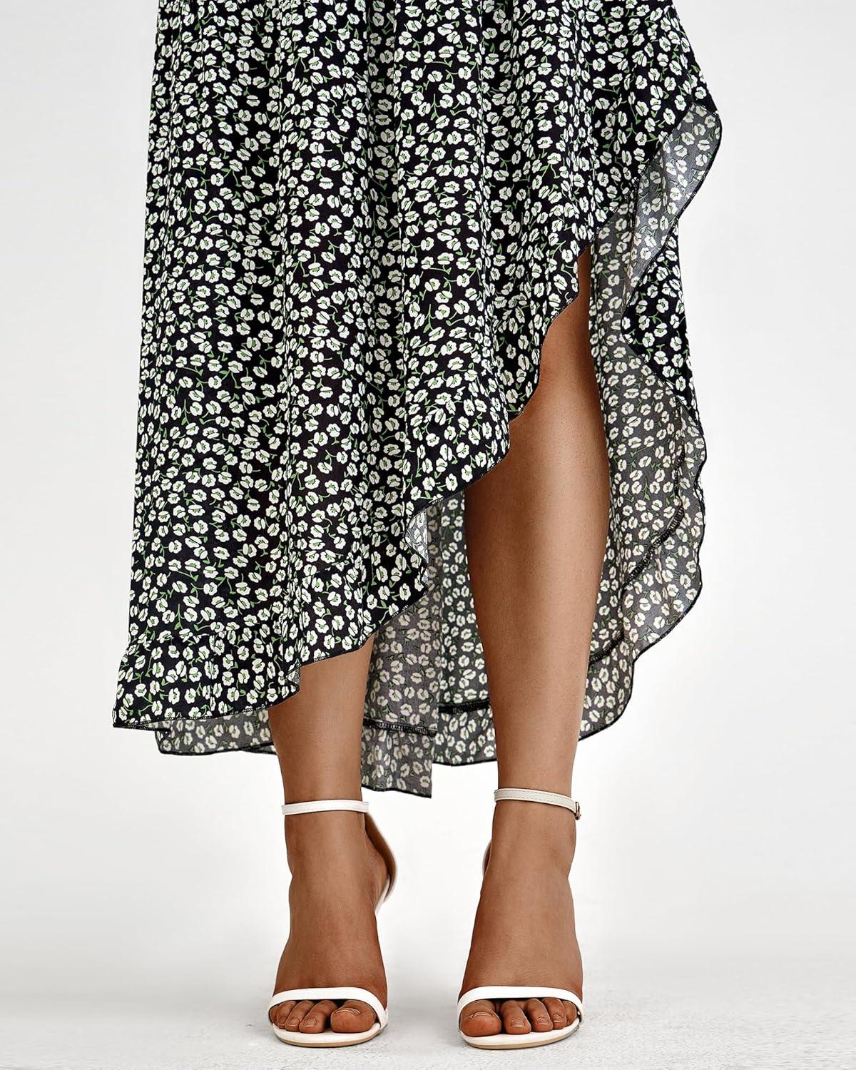 imageBTFBM Women 2026 Spring Summer Long Skirts Dress Boho Floral Elastic Waist Split Ruffle High Low Beach Maxi Skirt ClothesBlack White