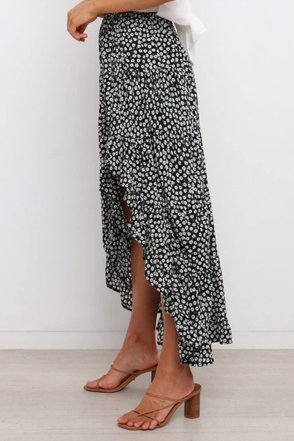 imageBTFBM Women 2026 Spring Summer Long Skirts Dress Boho Floral Elastic Waist Split Ruffle High Low Beach Maxi Skirt ClothesBlack White