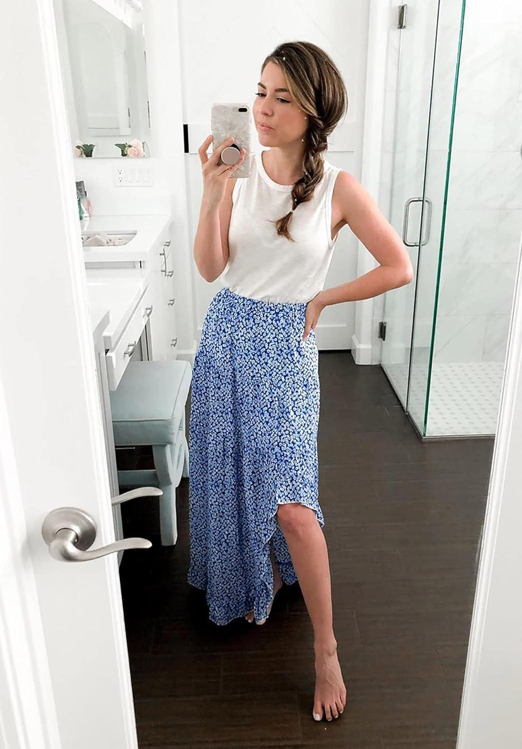 imageBTFBM Women 2026 Spring Summer Long Skirts Dress Boho Floral Elastic Waist Split Ruffle High Low Beach Maxi Skirt ClothesBlue