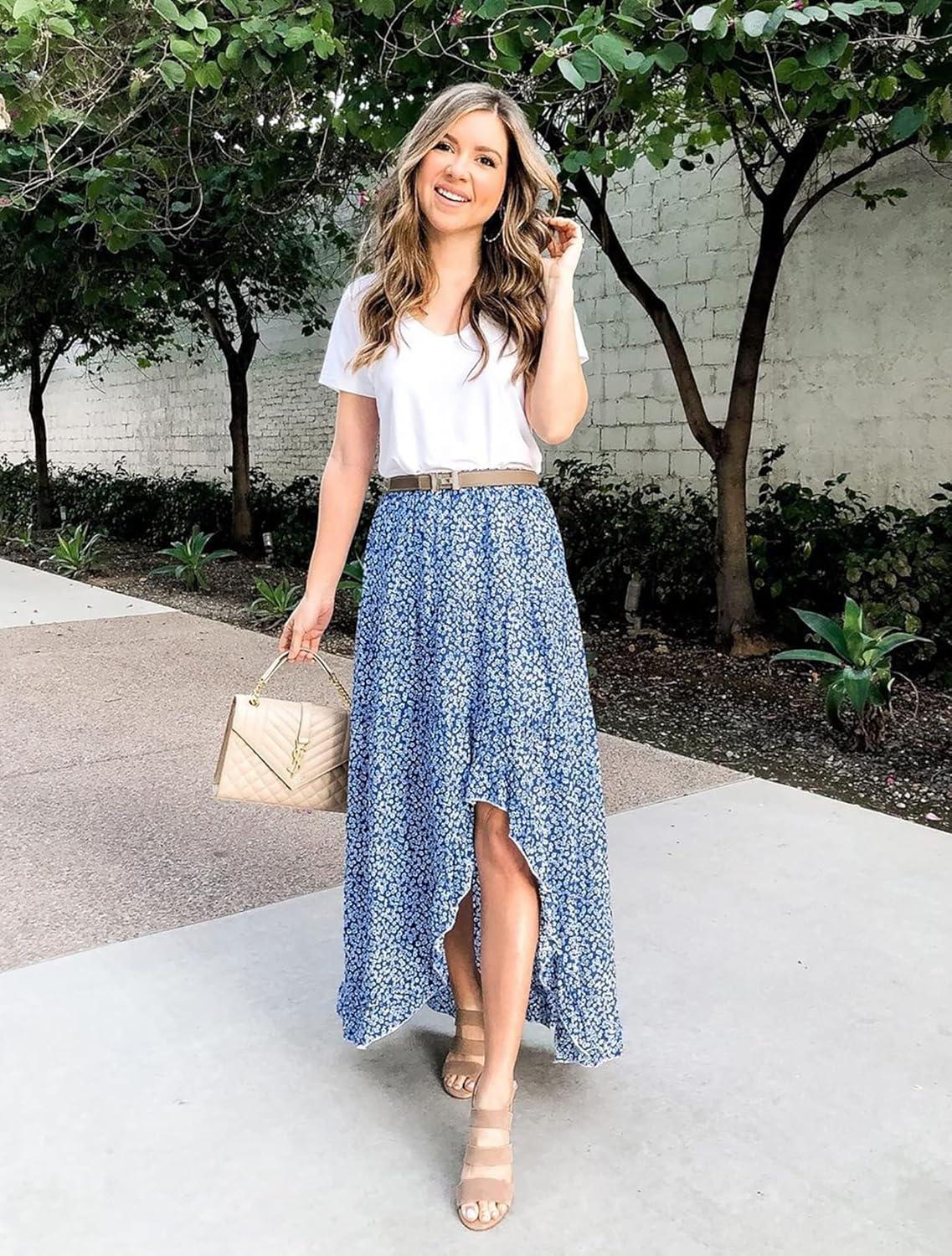 imageBTFBM Women 2026 Spring Summer Long Skirts Dress Boho Floral Elastic Waist Split Ruffle High Low Beach Maxi Skirt ClothesBlue