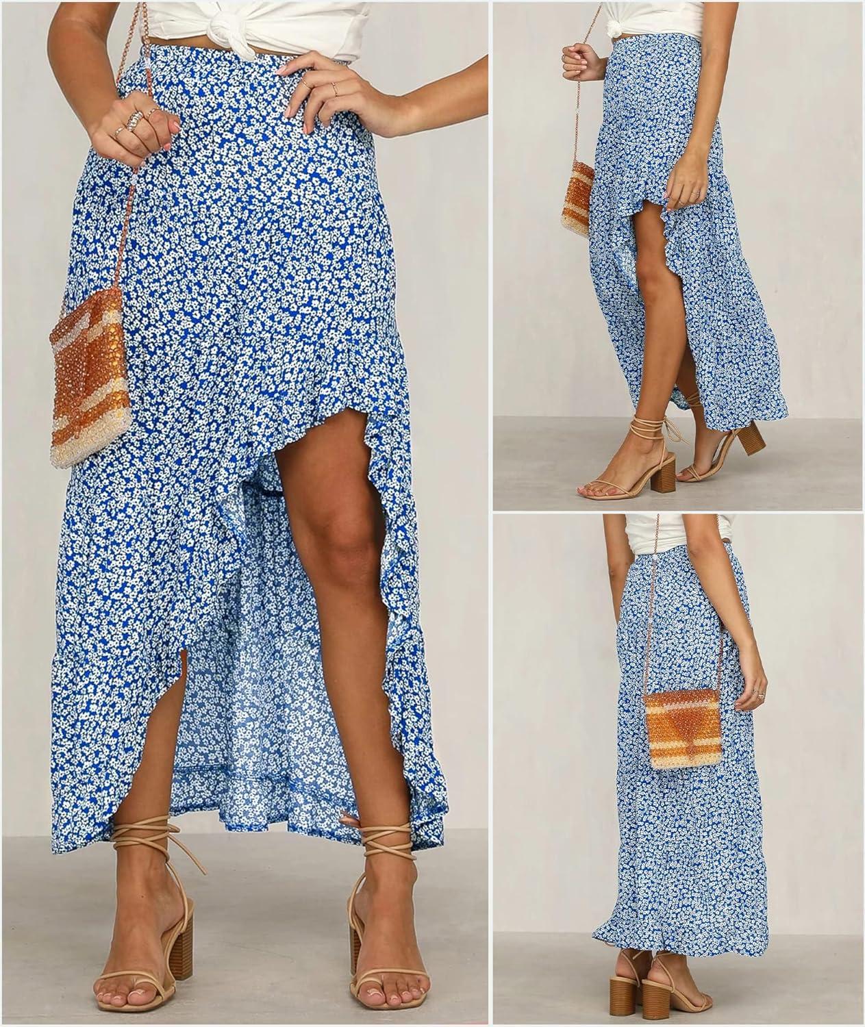 imageBTFBM Women 2026 Spring Summer Long Skirts Dress Boho Floral Elastic Waist Split Ruffle High Low Beach Maxi Skirt ClothesBlue