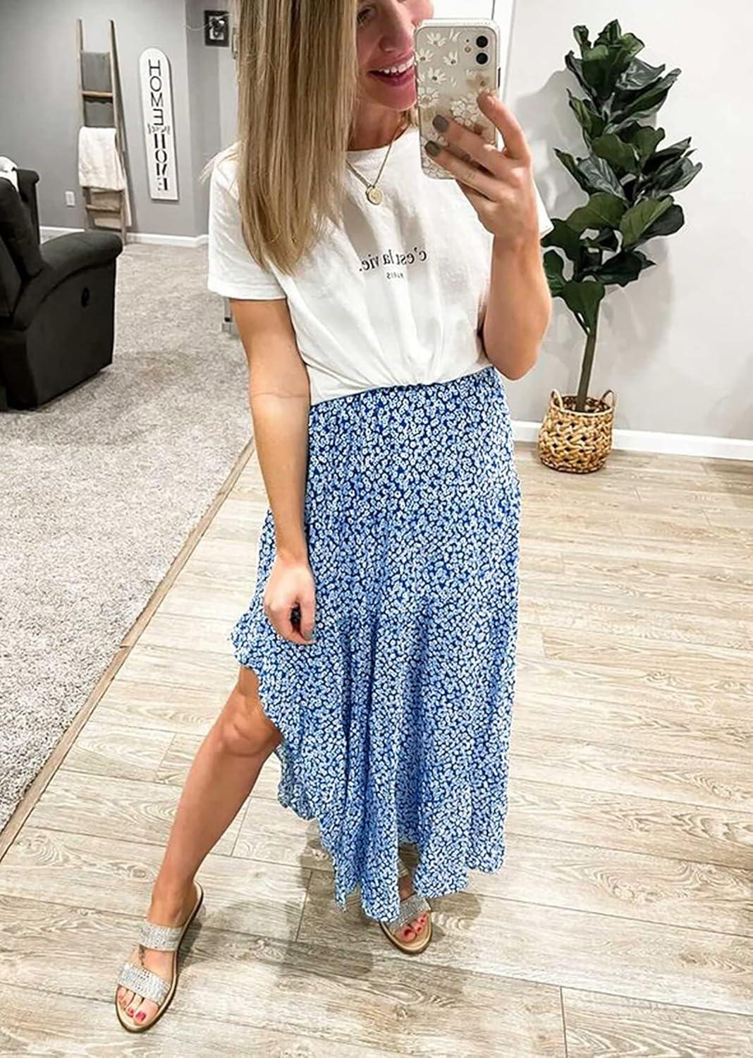 imageBTFBM Women 2026 Spring Summer Long Skirts Dress Boho Floral Elastic Waist Split Ruffle High Low Beach Maxi Skirt ClothesBlue