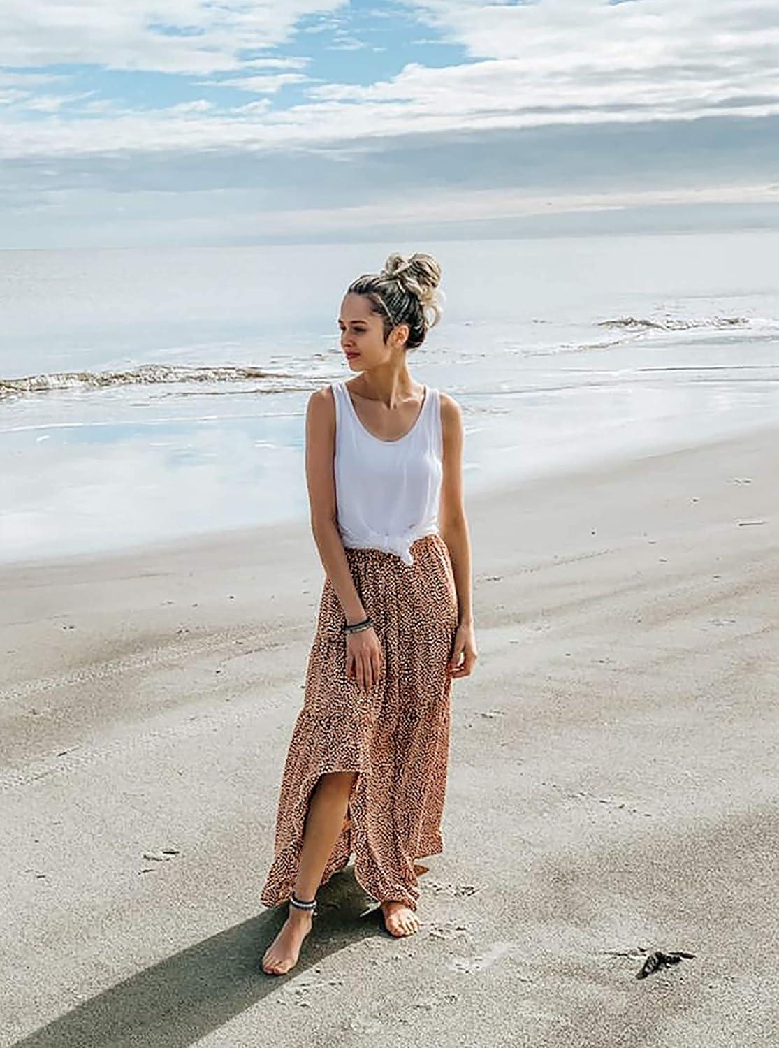 imageBTFBM Women 2026 Spring Summer Long Skirts Dress Boho Floral Elastic Waist Split Ruffle High Low Beach Maxi Skirt ClothesBrick Red