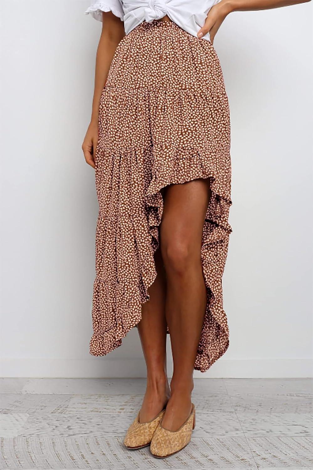 imageBTFBM Women 2026 Spring Summer Long Skirts Dress Boho Floral Elastic Waist Split Ruffle High Low Beach Maxi Skirt ClothesBrick Red