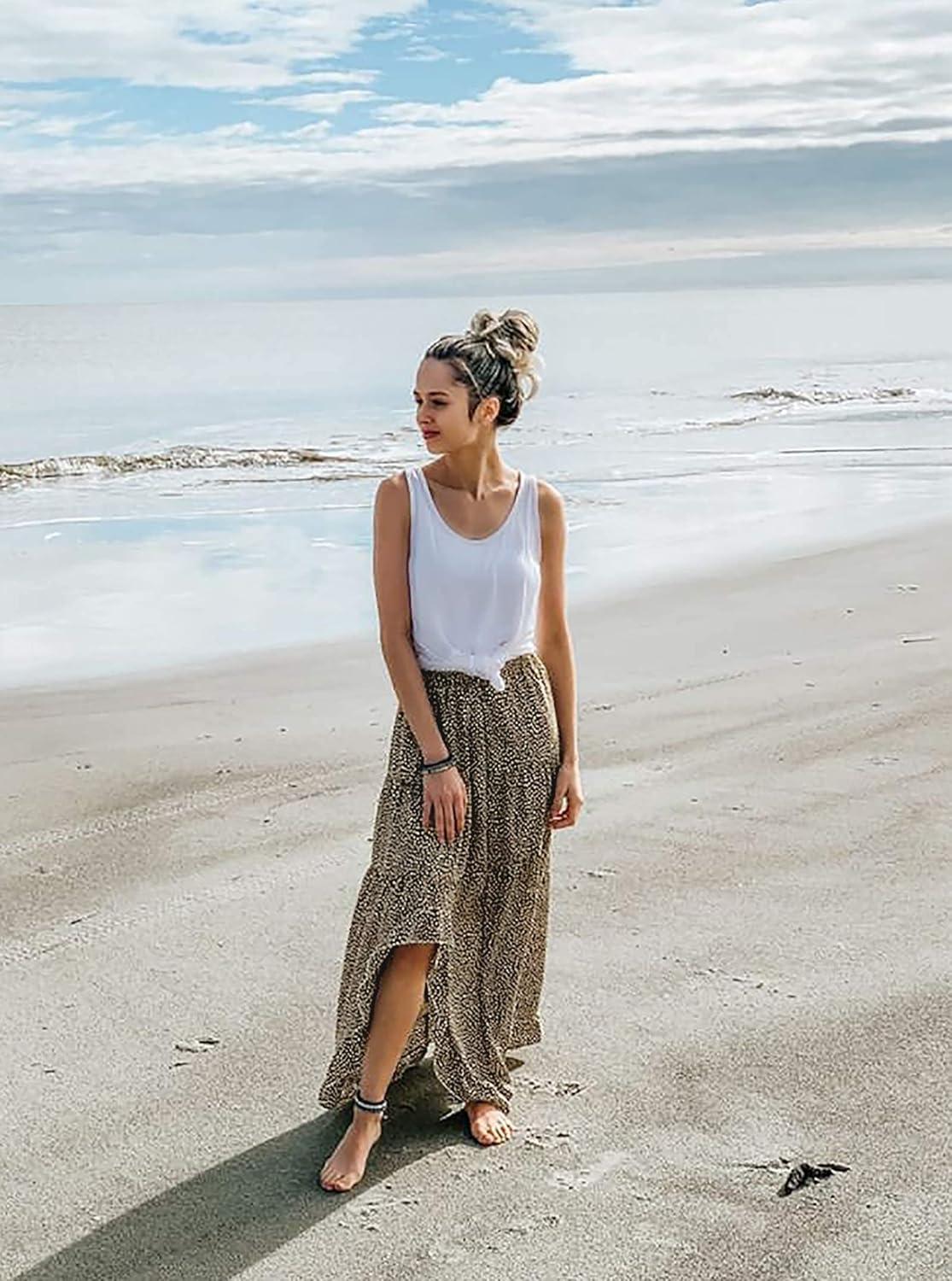 imageBTFBM Women 2026 Spring Summer Long Skirts Dress Boho Floral Elastic Waist Split Ruffle High Low Beach Maxi Skirt ClothesCoffee