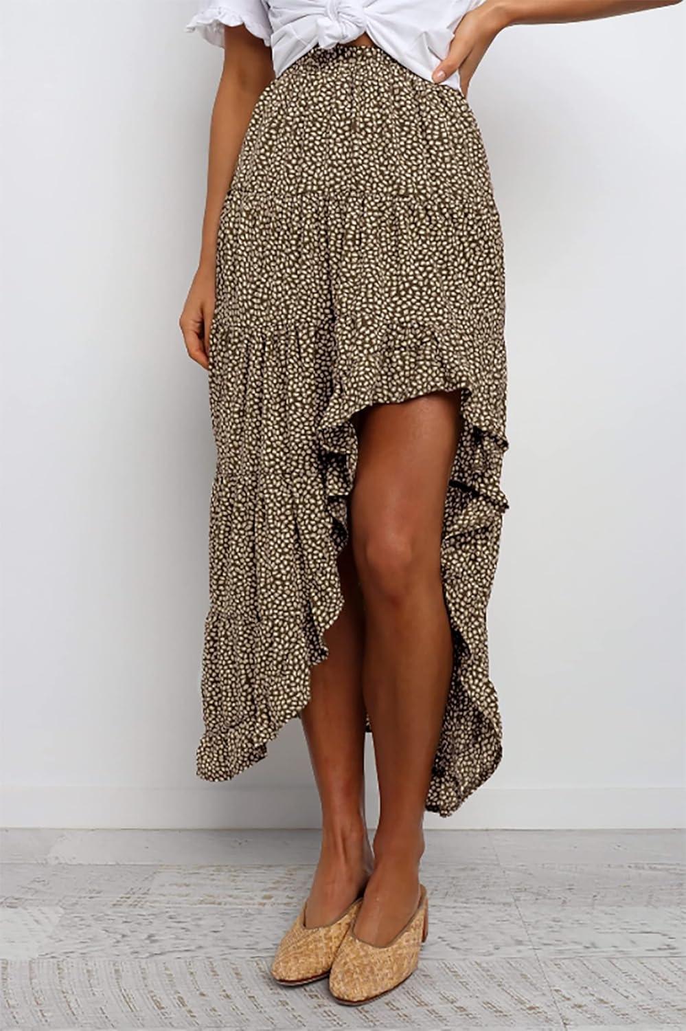 imageBTFBM Women 2026 Spring Summer Long Skirts Dress Boho Floral Elastic Waist Split Ruffle High Low Beach Maxi Skirt ClothesCoffee