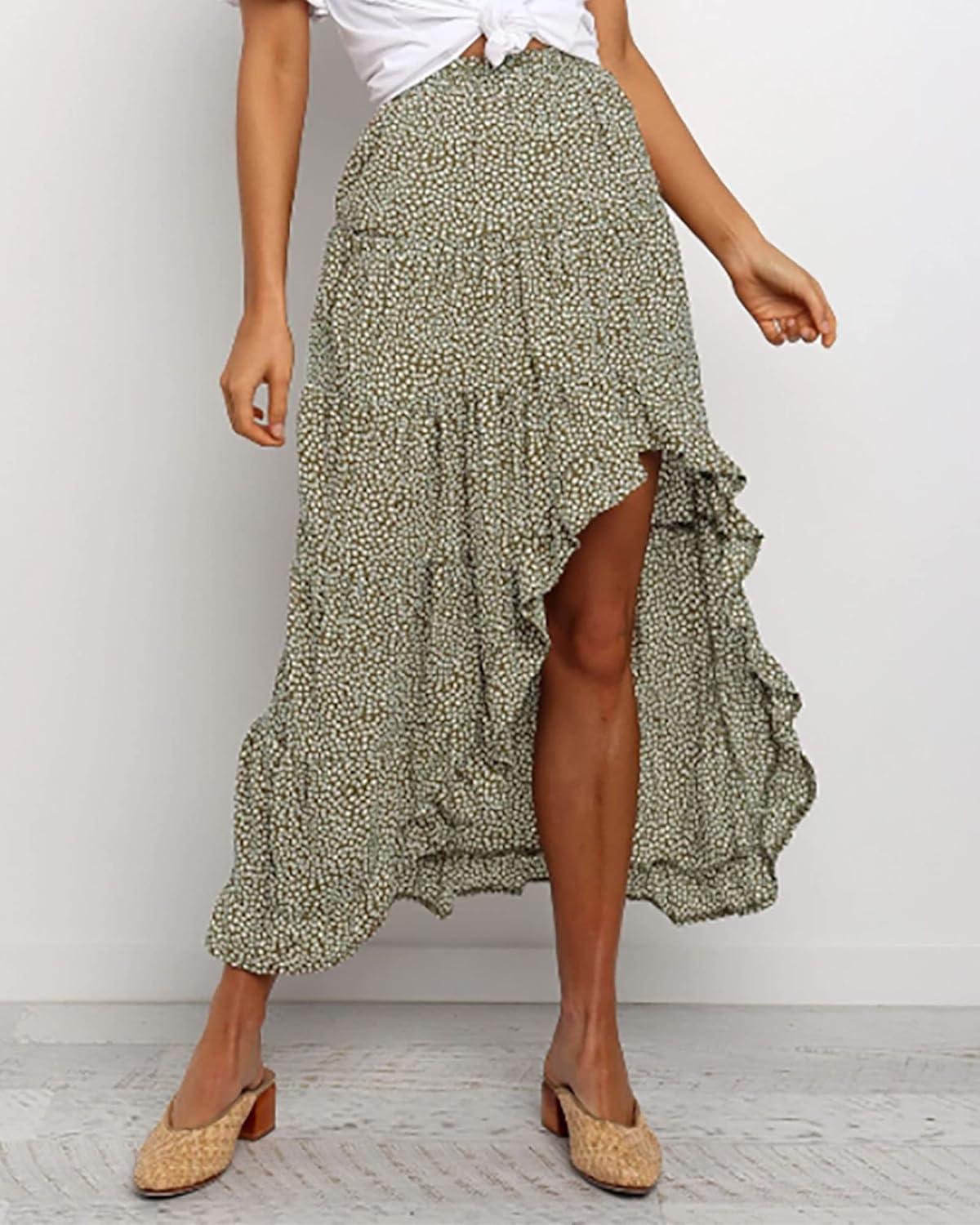 imageBTFBM Women 2026 Spring Summer Long Skirts Dress Boho Floral Elastic Waist Split Ruffle High Low Beach Maxi Skirt ClothesGreen