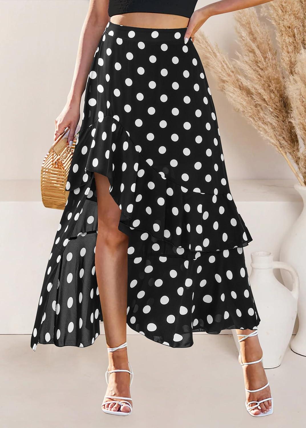 imageBTFBM Women 2026 Spring Summer Long Skirts Dress Boho Floral Elastic Waist Split Ruffle High Low Beach Maxi Skirt ClothesPolka Dot Black