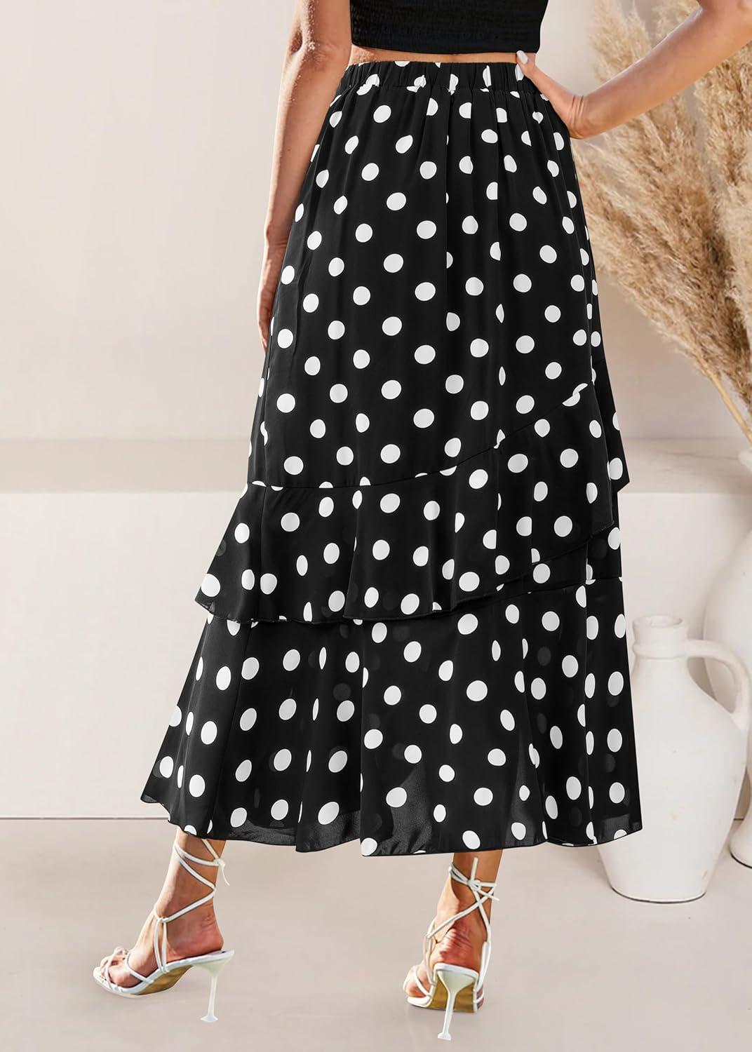 imageBTFBM Women 2026 Spring Summer Long Skirts Dress Boho Floral Elastic Waist Split Ruffle High Low Beach Maxi Skirt ClothesPolka Dot Black