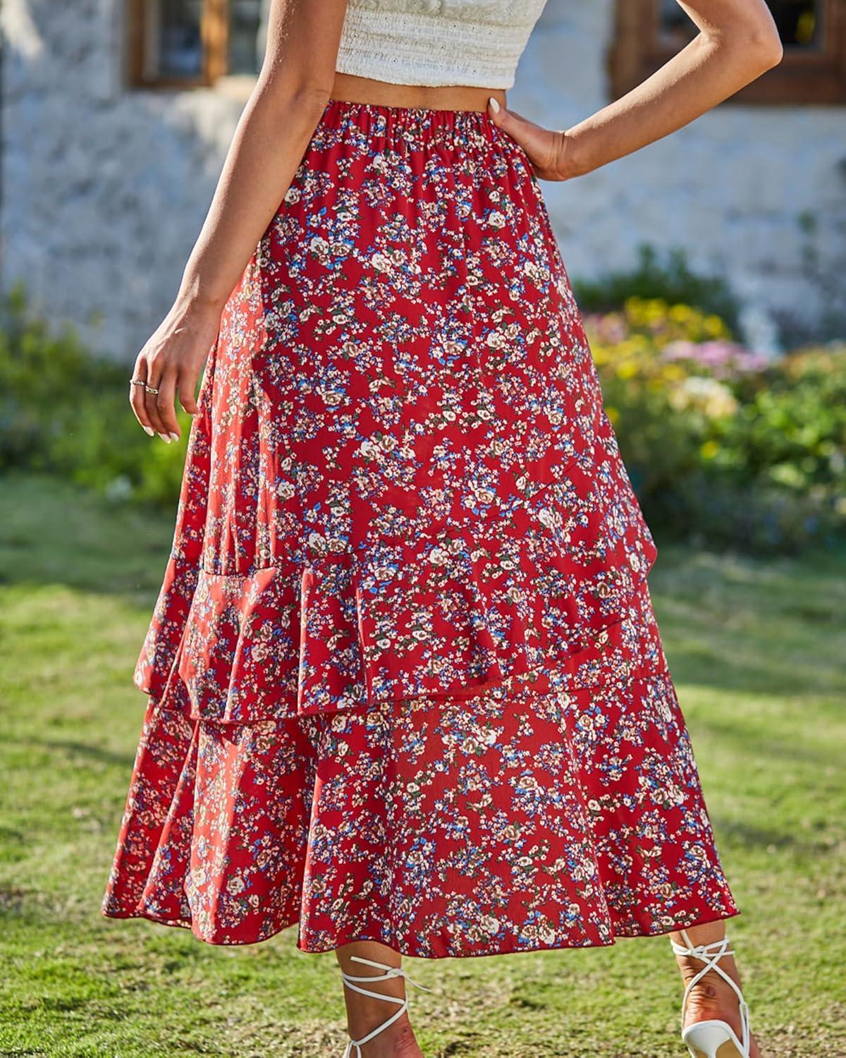 imageBTFBM Women 2026 Spring Summer Long Skirts Dress Boho Floral Elastic Waist Split Ruffle High Low Beach Maxi Skirt ClothesPrint Floral Red