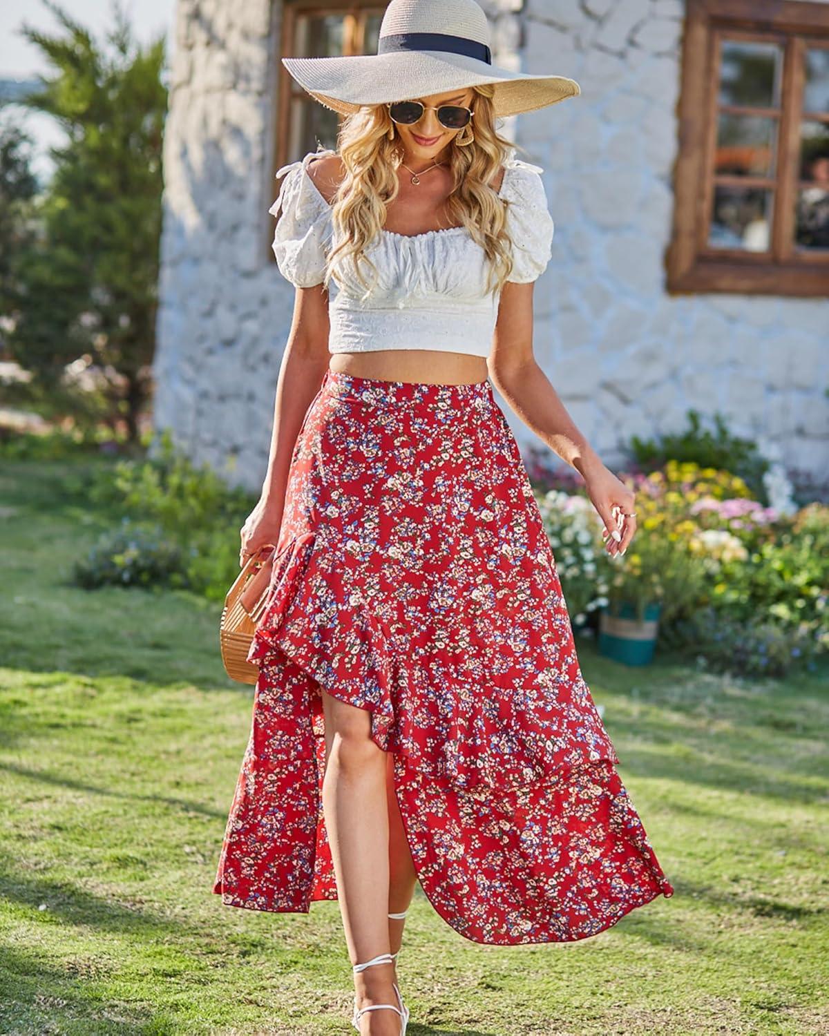 imageBTFBM Women 2026 Spring Summer Long Skirts Dress Boho Floral Elastic Waist Split Ruffle High Low Beach Maxi Skirt ClothesPrint Floral Red