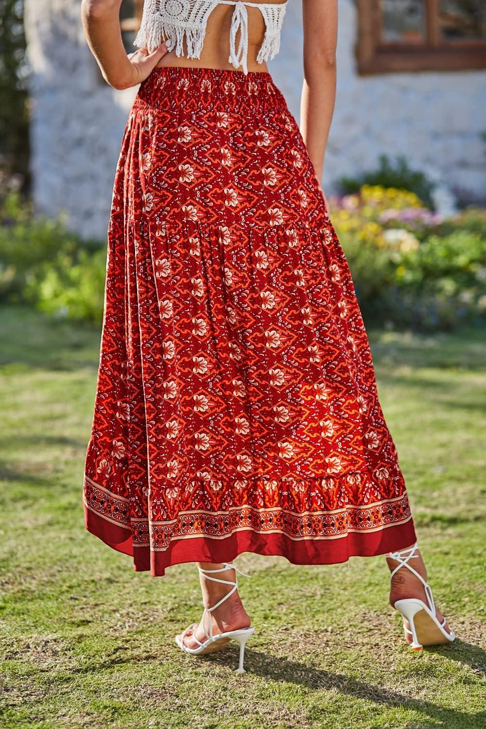 imageBTFBM Women 2026 Spring Summer Long Skirts Dress Boho Floral Elastic Waist Split Ruffle High Low Beach Maxi Skirt ClothesX Floral Red