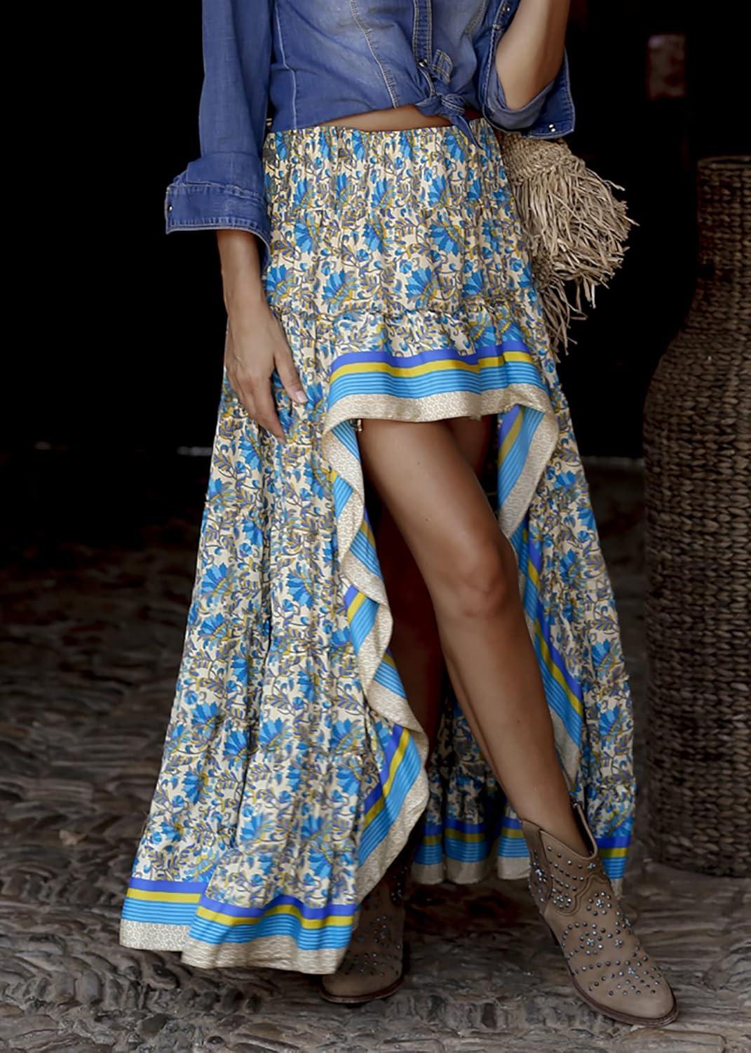 imageBTFBM Women 2026 Spring Summer Long Skirts Dress Boho Floral Elastic Waist Split Ruffle High Low Beach Maxi Skirt ClothesXblue