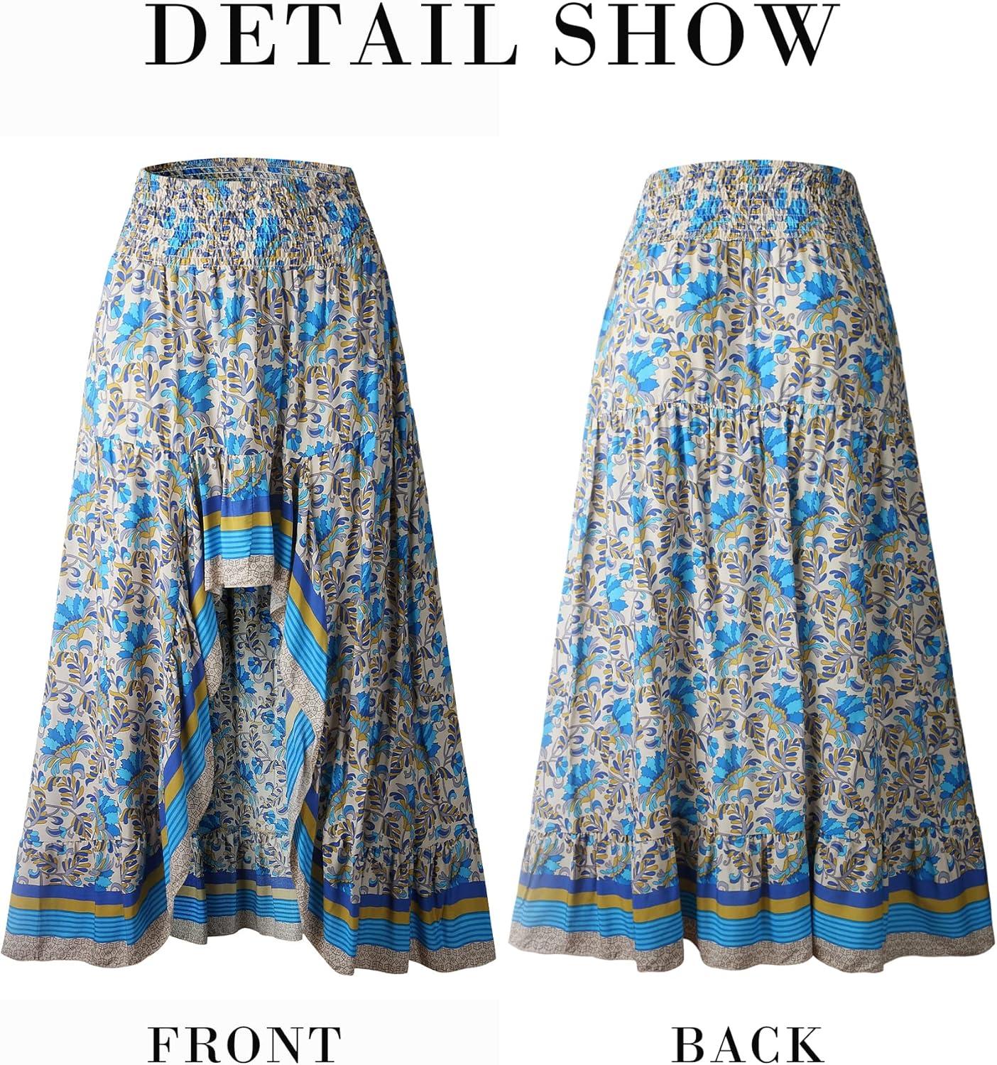 imageBTFBM Women 2026 Spring Summer Long Skirts Dress Boho Floral Elastic Waist Split Ruffle High Low Beach Maxi Skirt ClothesXblue