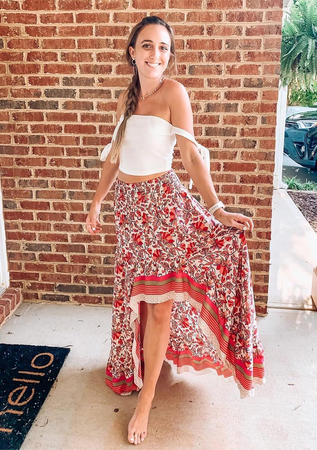imageBTFBM Women 2026 Spring Summer Long Skirts Dress Boho Floral Elastic Waist Split Ruffle High Low Beach Maxi Skirt ClothesXred