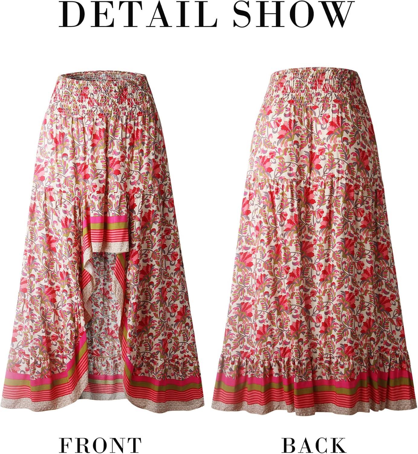 imageBTFBM Women 2026 Spring Summer Long Skirts Dress Boho Floral Elastic Waist Split Ruffle High Low Beach Maxi Skirt ClothesXred