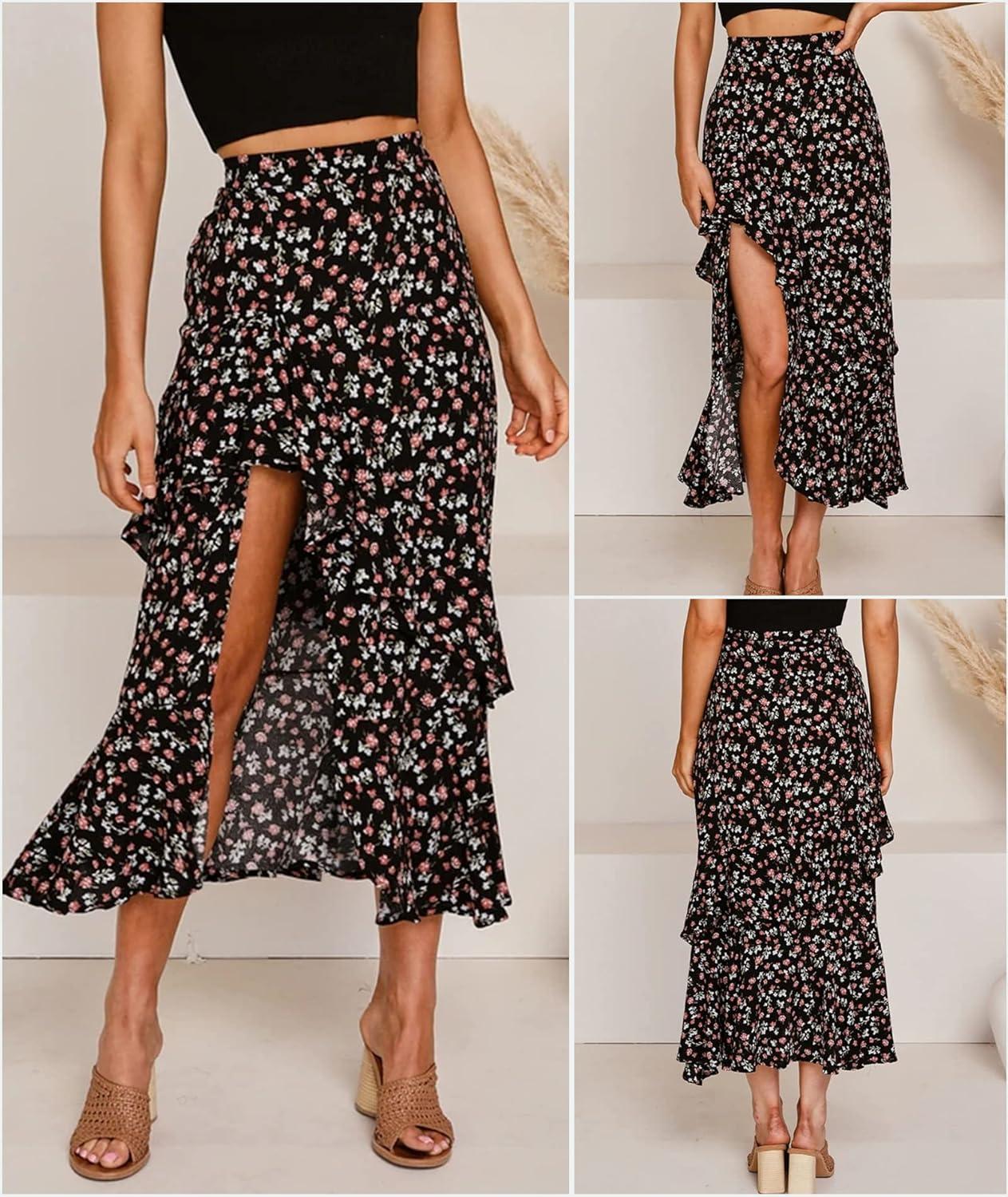 imageBTFBM Women 2026 Spring Summer Long Skirts Dress Boho Floral Elastic Waist Split Ruffle High Low Beach Maxi Skirt ClothesZblack