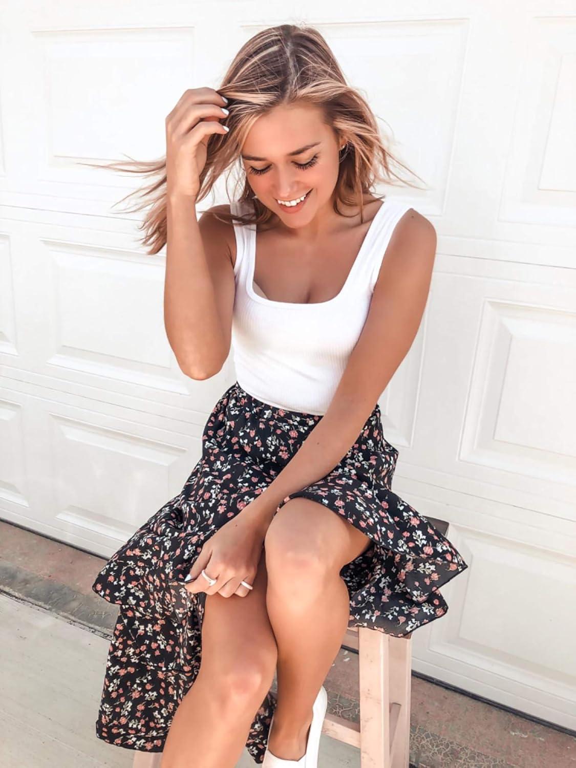 imageBTFBM Women 2026 Spring Summer Long Skirts Dress Boho Floral Elastic Waist Split Ruffle High Low Beach Maxi Skirt ClothesZblack