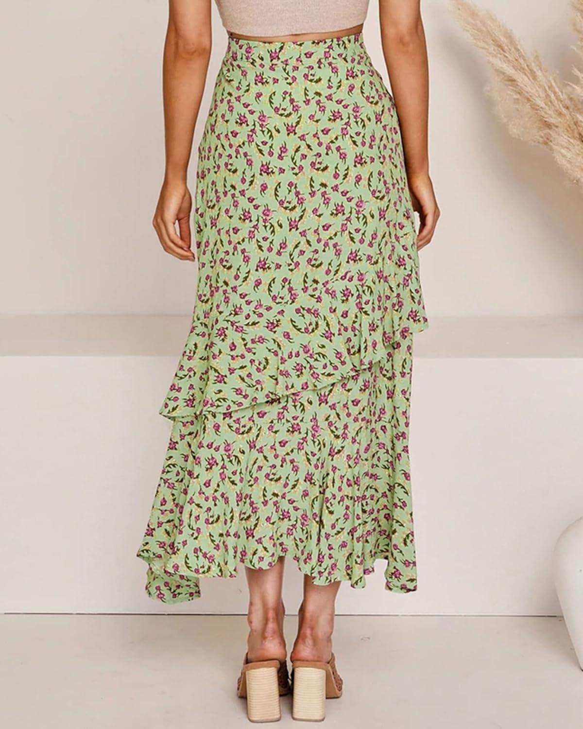 imageBTFBM Women 2026 Spring Summer Long Skirts Dress Boho Floral Elastic Waist Split Ruffle High Low Beach Maxi Skirt ClothesZgreen