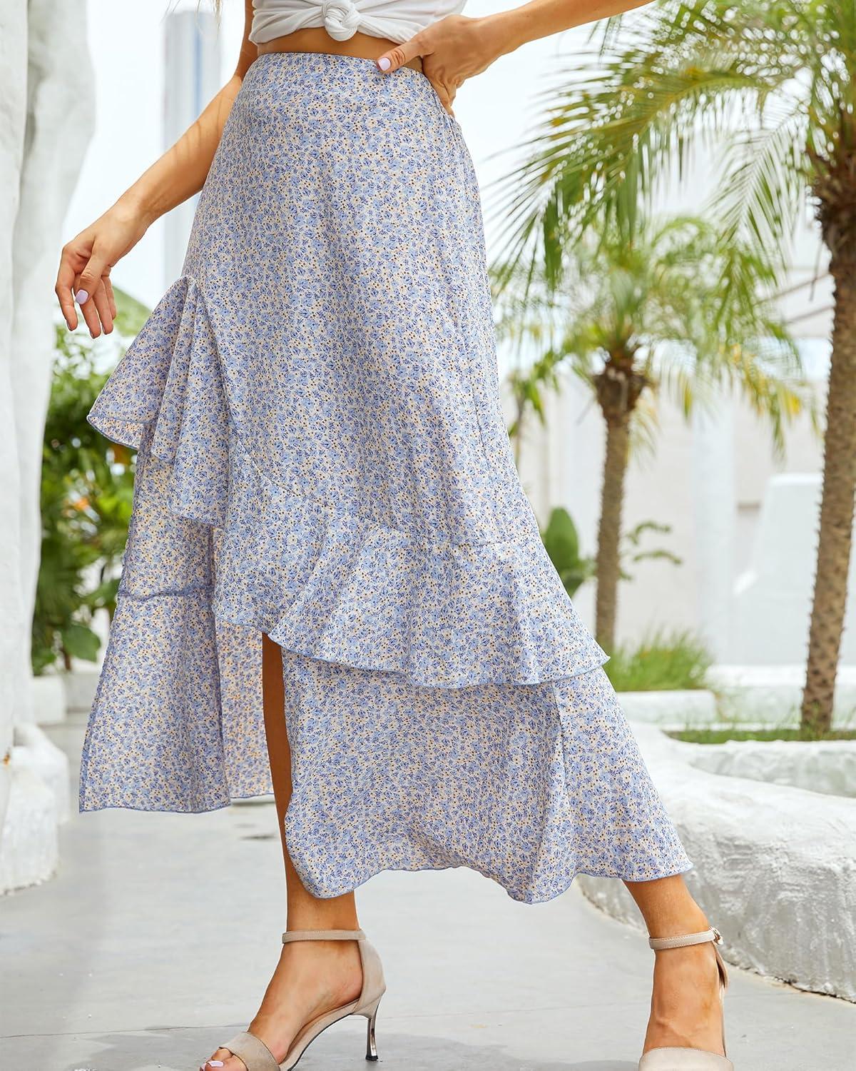 imageBTFBM Women 2026 Spring Summer Long Skirts Dress Boho Floral Elastic Waist Split Ruffle High Low Beach Maxi Skirt ClothesZlight Blue