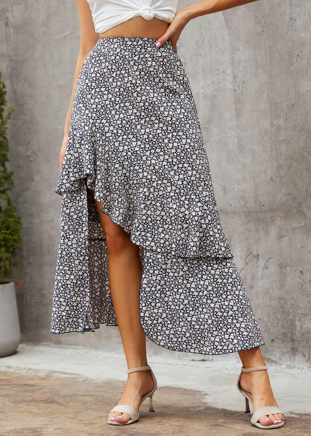 imageBTFBM Women 2026 Spring Summer Long Skirts Dress Boho Floral Elastic Waist Split Ruffle High Low Beach Maxi Skirt ClothesZnavy