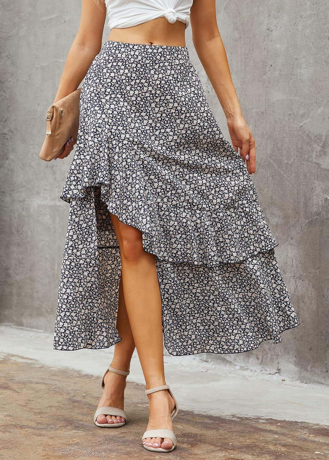 imageBTFBM Women 2026 Spring Summer Long Skirts Dress Boho Floral Elastic Waist Split Ruffle High Low Beach Maxi Skirt ClothesZnavy