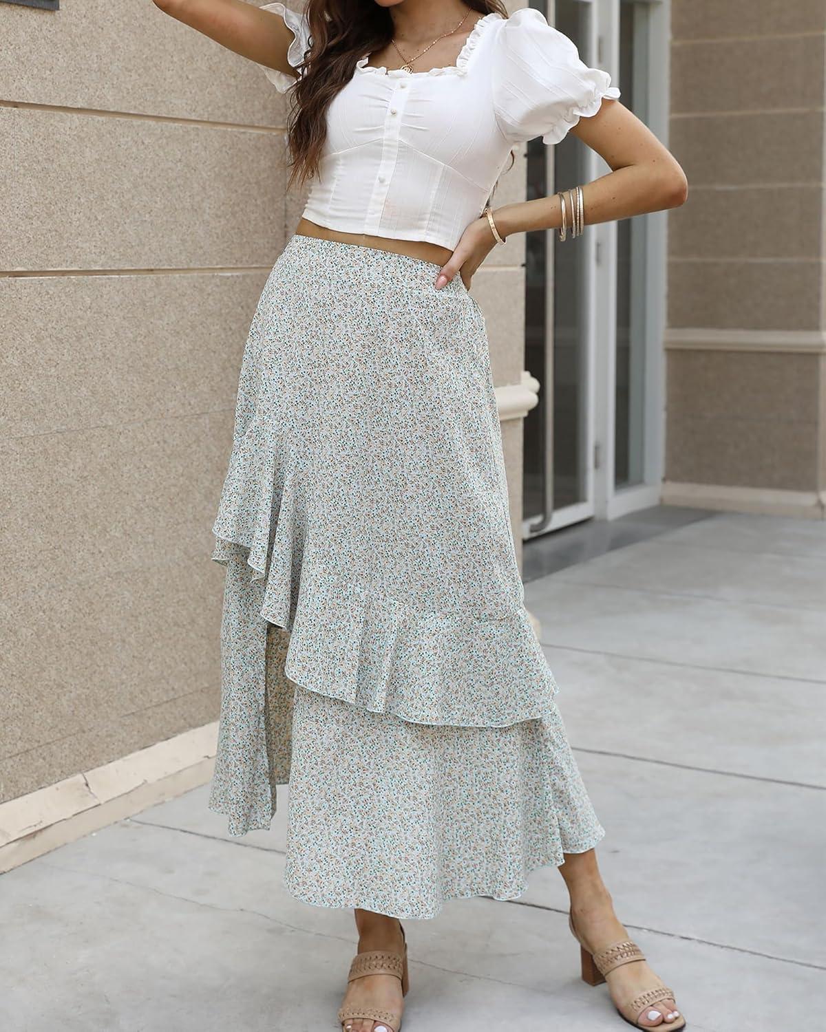 imageBTFBM Women 2026 Spring Summer Long Skirts Dress Boho Floral Elastic Waist Split Ruffle High Low Beach Maxi Skirt ClothesZwhite