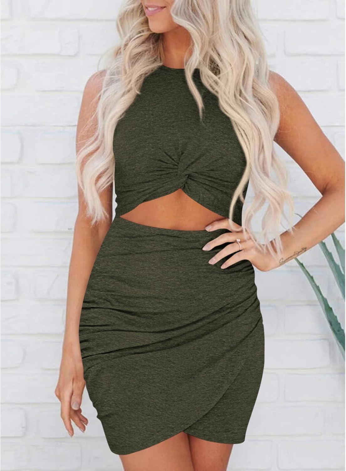 imageBTFBM Women 2026 Summer Dresses Sleeveless Casual Crewneck Bodycon Cutout Twist Slim Wrap Club Party Beach Mini DressArmy Green
