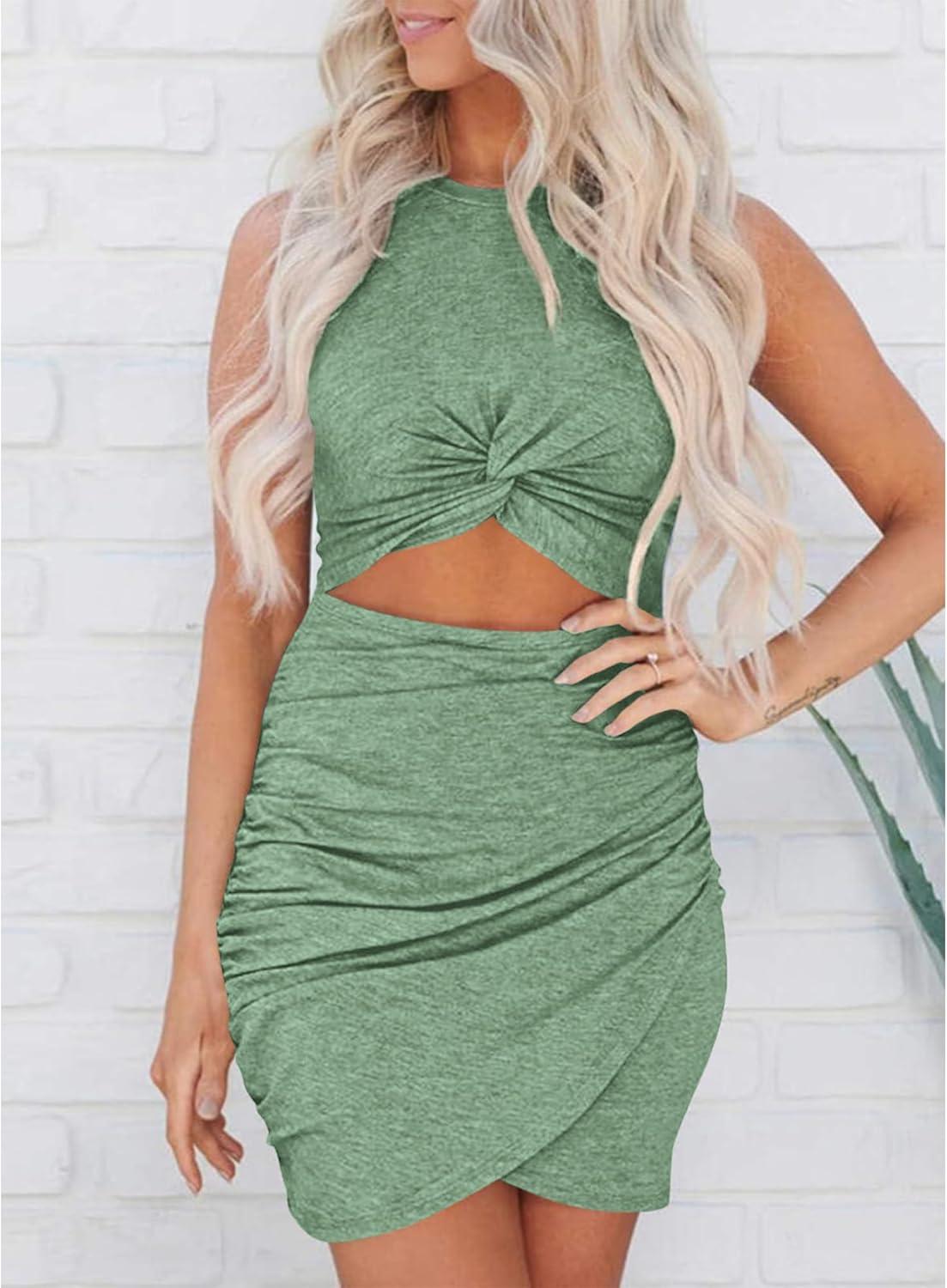 imageBTFBM Women 2026 Summer Dresses Sleeveless Casual Crewneck Bodycon Cutout Twist Slim Wrap Club Party Beach Mini DressBean Green