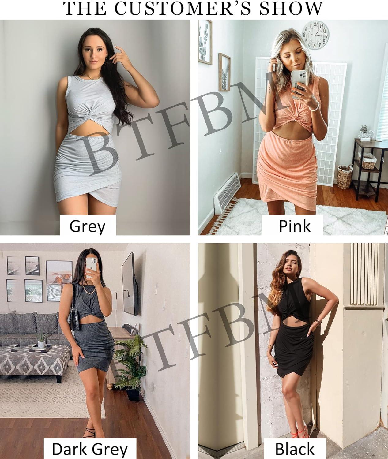 imageBTFBM Women 2026 Summer Dresses Sleeveless Casual Crewneck Bodycon Cutout Twist Slim Wrap Club Party Beach Mini DressBean Green